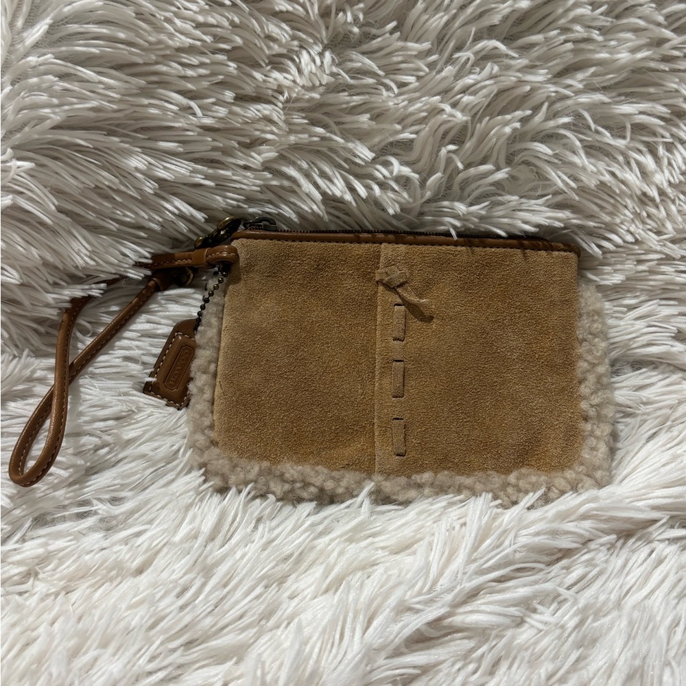 Coach Tan Suede Wristlet with Shearling Trim